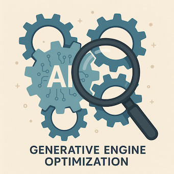 Conceptual image of AI gears intertwining with search magnifying glass, symbolizing Generative Engine Optimization
