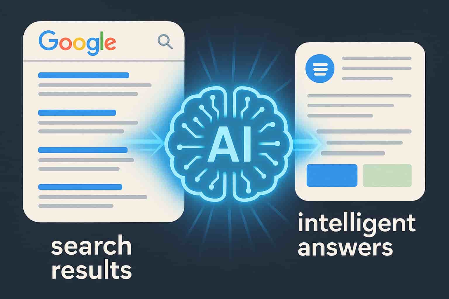 Conceptual image representing AI transforming Google search results from links to intelligent answers