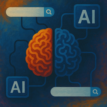 Abstract visualization of a brain connected to search bars and AI icons, representing prompt engineering for SEO